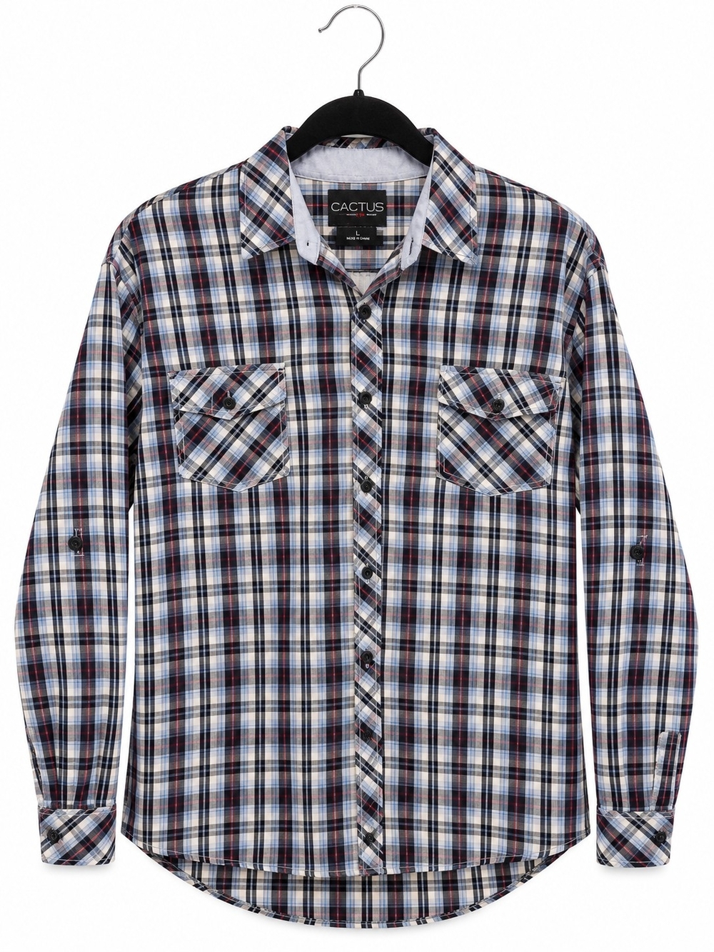 Cactus Men's Plaid Button-Down Shirt in White, Blue & Brown